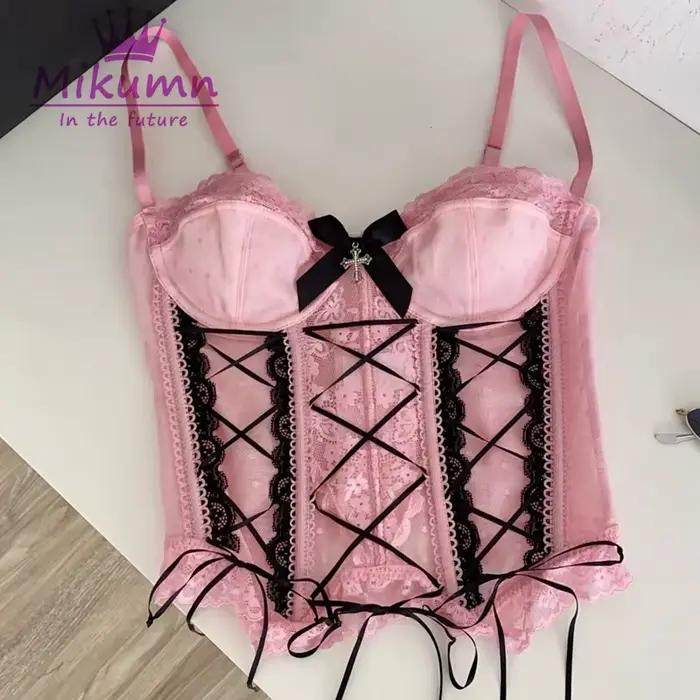 Ensemble jupe gothique Lolita Mikumn pour femme, tenue 2 pièces Y2k Kawaii, débardeur en dentelle et