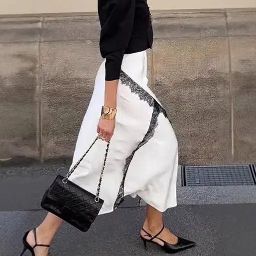 Jupe mi-longue en Satin avec bordure en dentelle, bloc de couleurs, ligne a, taille haute, bureau, é