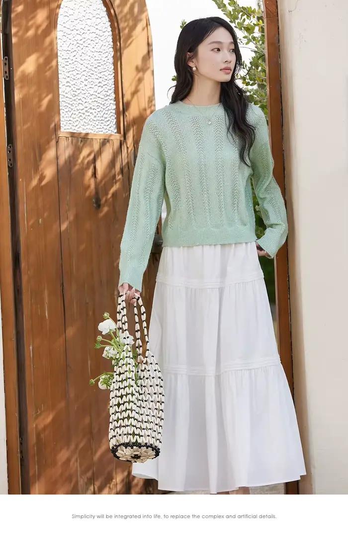 Jupe longue blanche pour femme Vimly, collection automne 2026, taille mi-haute, coupe trapèze ample,