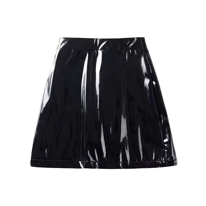 Jupe mini en cuir PU réfléchissant noir taille haute pour femme, sexy, moulante, simple, à porter au