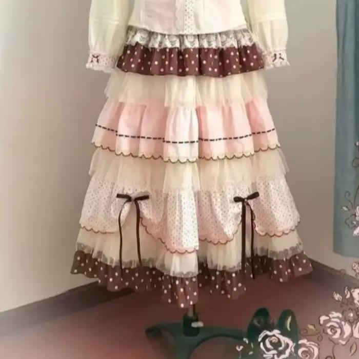 Jupes trapèze pour femmes style japonais Kawaii, vintage rose marron à pois, motif gâteau, style Lol