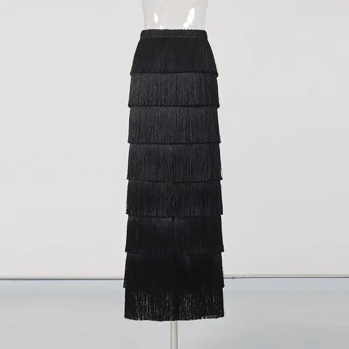 Jupe longue élégante HKSH pour femme, multi-couches, à franges, couleur unie, polyvalente, haut de g
