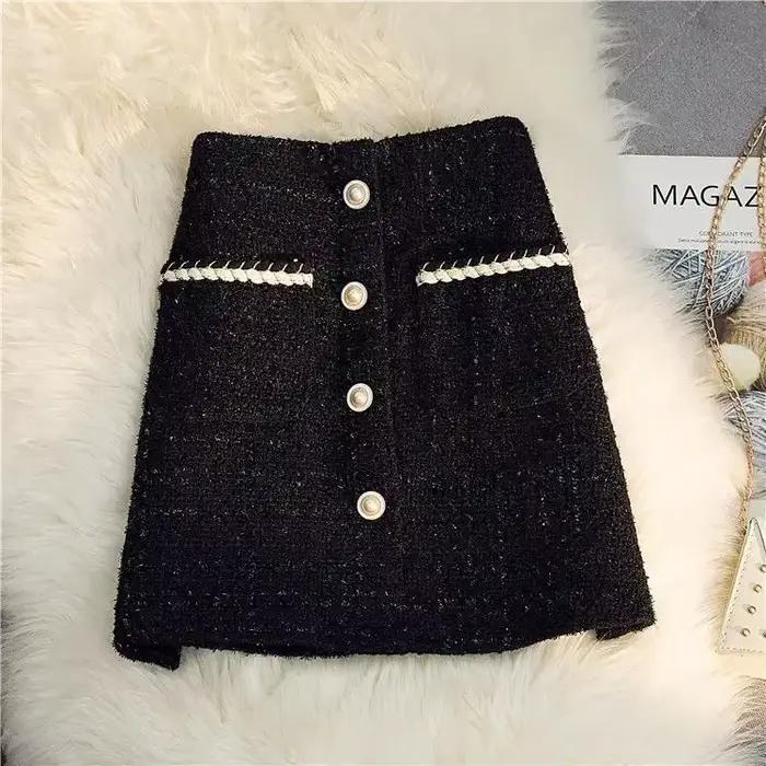 Jupes longues en Tweed noir et blanc pour femme, nouvelle jupe en soie brillante, Vintage, taille ha