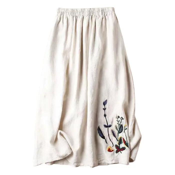 Jupe mi-longue évasée vintage en coton et lin brodée de fleurs pour femme, coupe ajustée, style A-li
