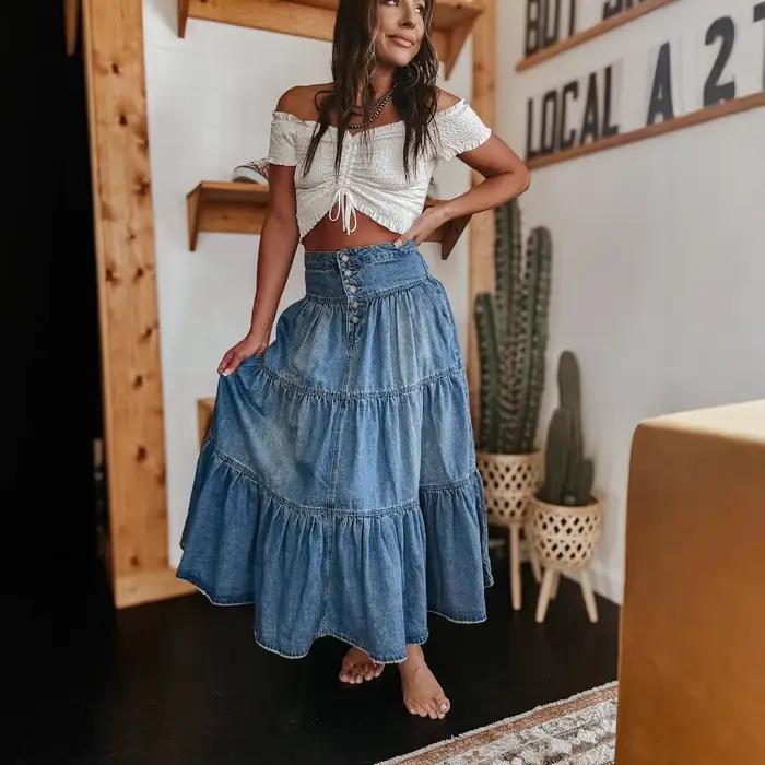 Jupe longue femme vintage en jean superposée style gâteau, boutonnée, taille haute, délavée et vieil