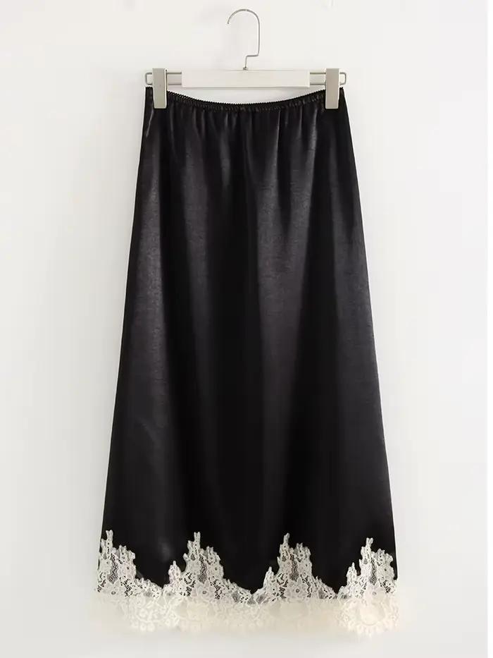 Jupe midi en satin avec dentelle marron pour femme, jupe d'été de bureau avec fermeture éclair, jupe