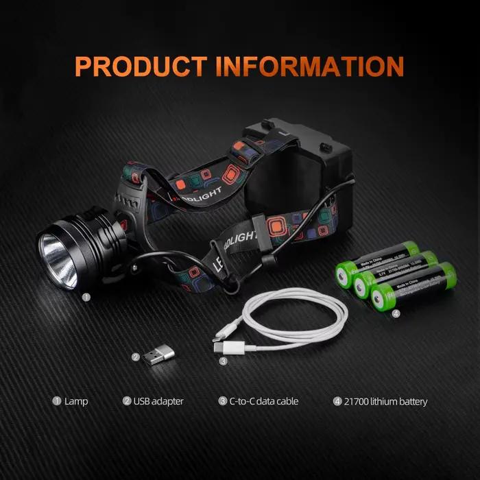 Lampe frontale super lumineuse à 3 piles 21700, puce LED P70.2, 4000 lumens, longue durée de vie de