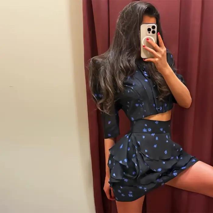 Ensemble 2 pièces jupe courte à volants imprimé floral pour femme, collection été 2026 : haut court
