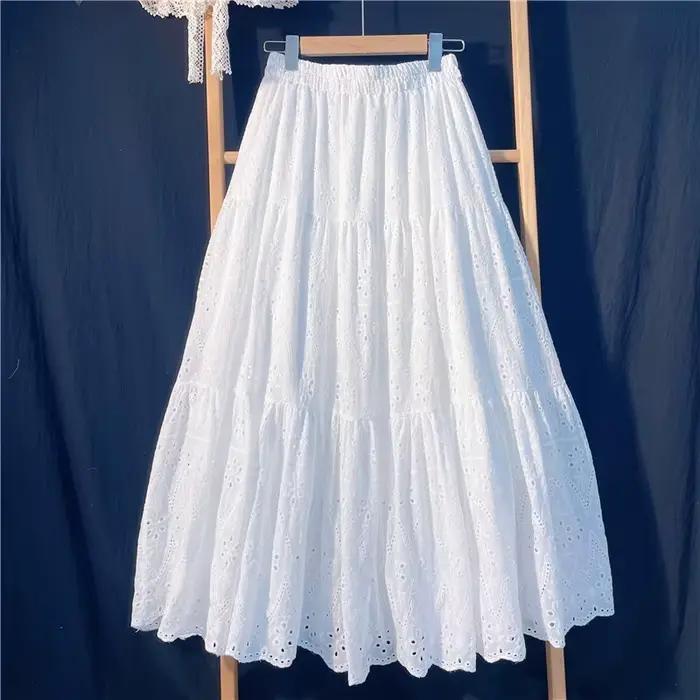 Élégante jupe en coton brodé amissié pour femmes, longues jupes noires, ligne blanche, printemps, ét