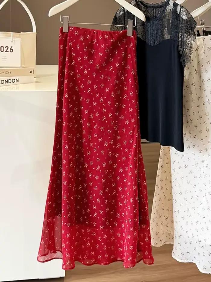 Jupe midi florale d'été pour femme en mousseline rouge respirante, élégante, coupe sirène, effet gal