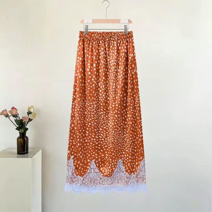 Ensemble jupe et haut imprimé élégant avec ruban réversible et insert en dentelle, tenue deux pièces