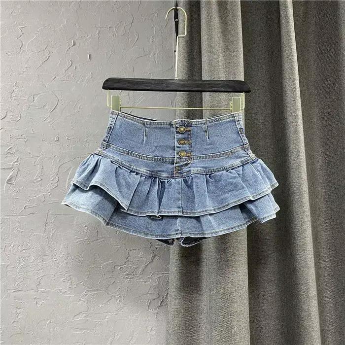 Jupe Courte Plissée Imprimée en Jean Bleu Taille Haute Style Y2K Rétro Mignonne Sexy Streetwear Femm