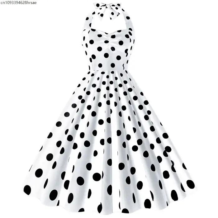 Robe vintage sans manches pour femmes des années 50 et 60, robe trapèze florale à pois des années 19