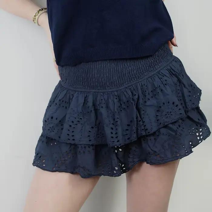 Mini jupe plissée à volants superposés à œillets jacquard pour femmes, jupes trapèze, taille haute,