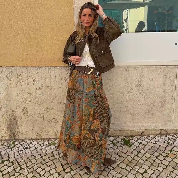 Jupe longue asymétrique à volants imprimés pour femme, taille haute, coupe ajustée aux hanches, fent