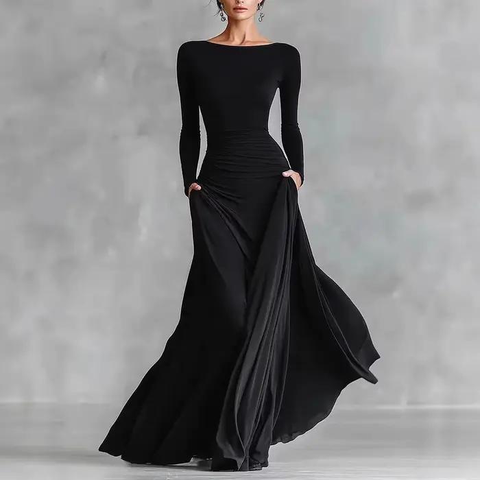Robe longue noire Simple et élégante pour femmes, col bateau, manches longues, coupe cintrée, tempér