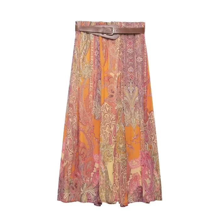 YENKYE Jupe mi-longue à imprimé cachemire pour femme avec ceinture taille haute fluide décontractée