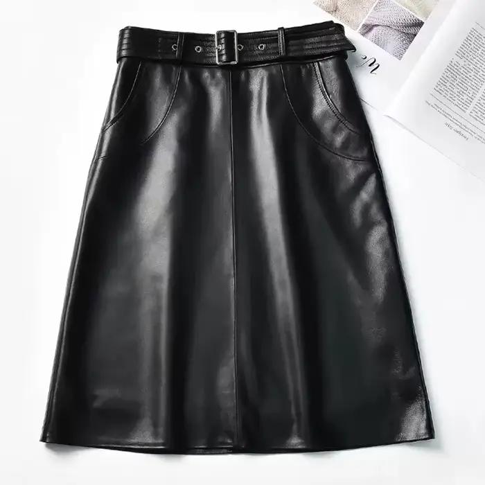 Vêtements pour femmes 2025 Jupe en cuir véritable femme a-ligne poches Wrap Jupe Mujer Midi longue c
