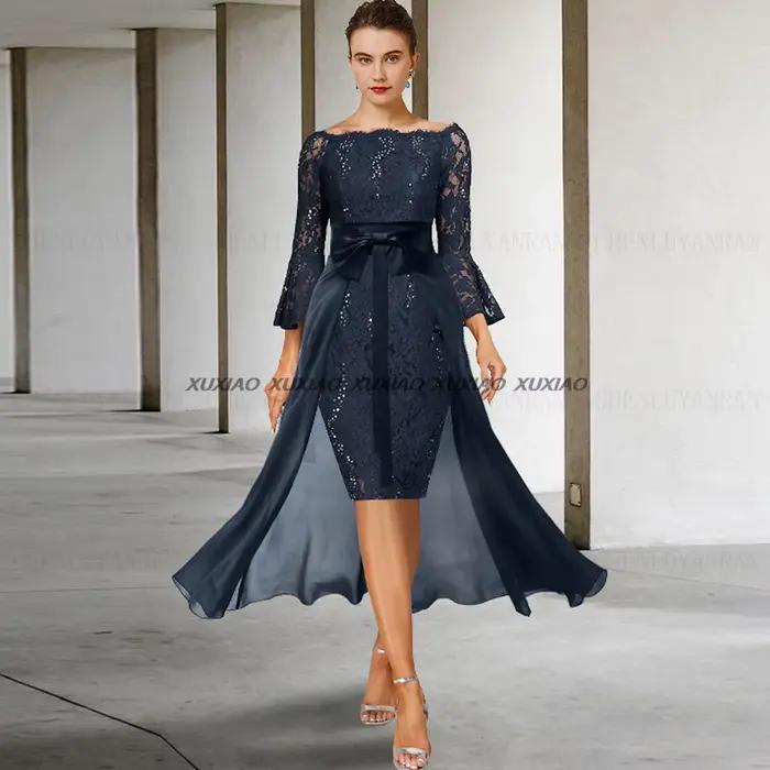 Robes mère de la mariée courtes bleues en dentelle et mousseline de soie, robes d'invitées de mariag