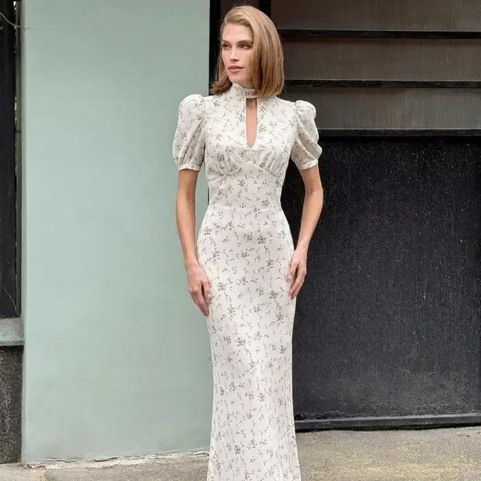 Robe longue élégante imprimée, respirante et fluide, taille haute, pour femme