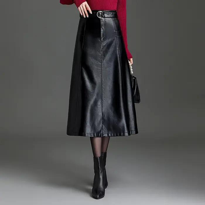 ZUZK – jupe trapèze en cuir Pu avec ceinture pour femmes, longue, taille haute, élégante, pour le bu
