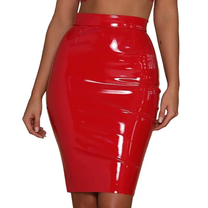 Rouge moulante Pu Mini jupe femmes Faux cuir paquet hanche taille haute jupe coréenne bureau dame cr