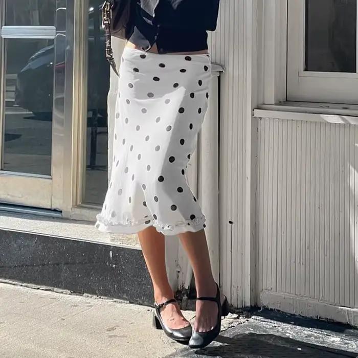Jupe mi-longue en tulle double couche pour femme, motif à pois, ourlet festonné en picot, jupe en ma