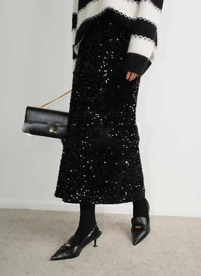 Hirsionsan-Jupe à paillettes taille haute pour femme, jupe midi basique pour femme de bureau, chic,