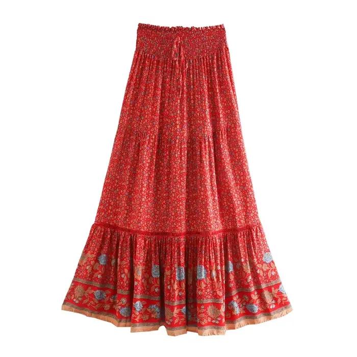 Jupe de plage rouge à imprimé Floral pour femmes, style bohème, taille haute, élastique, rayonne, co
