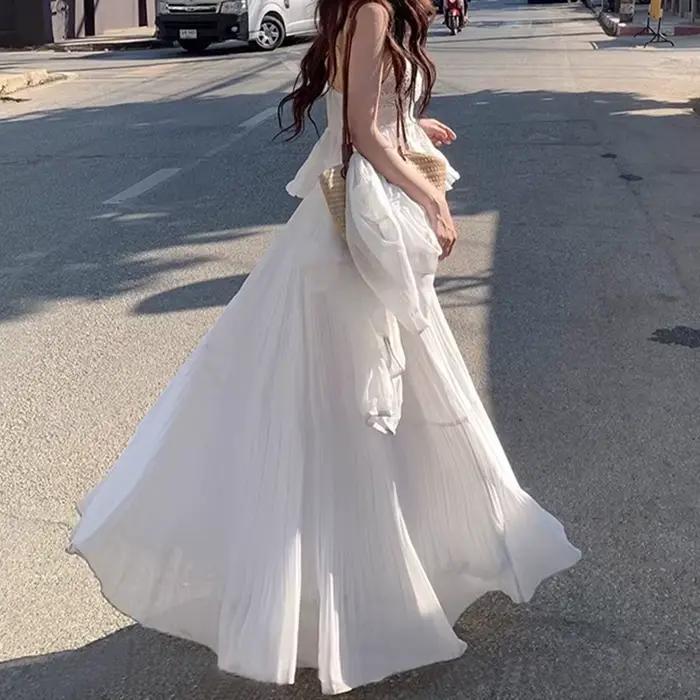 Jupe longue en maille blanche style doux pour femme, jupe en tulle mi-mollet pour l'été, jupe midi d