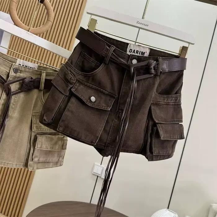 Femmes marron Cargo jupe 2000s Vintage Harajuku Gyaru taille haute jupe surdimensionnée Style coréen