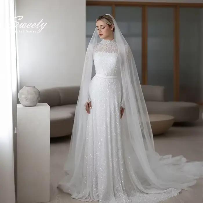 Robe de Mariée en Dentelle Brodée à Manches sulfet Col Haut, Élégante, avec Perles, Ligne A, Boutonn