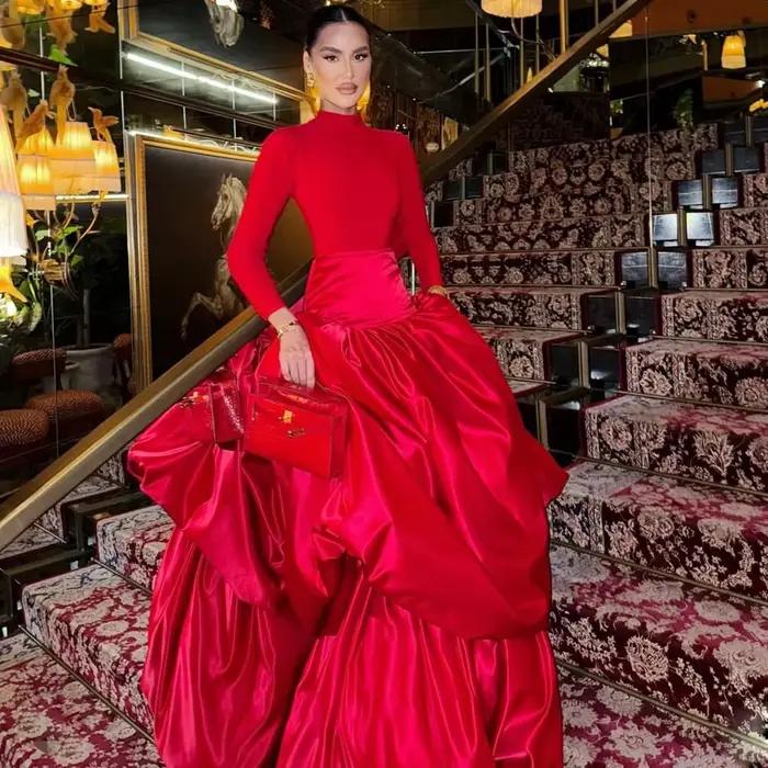 Jupes de soirée rouge de noël deux couches drapées en Satin longue jupe Maxi Saias pour les femmes b