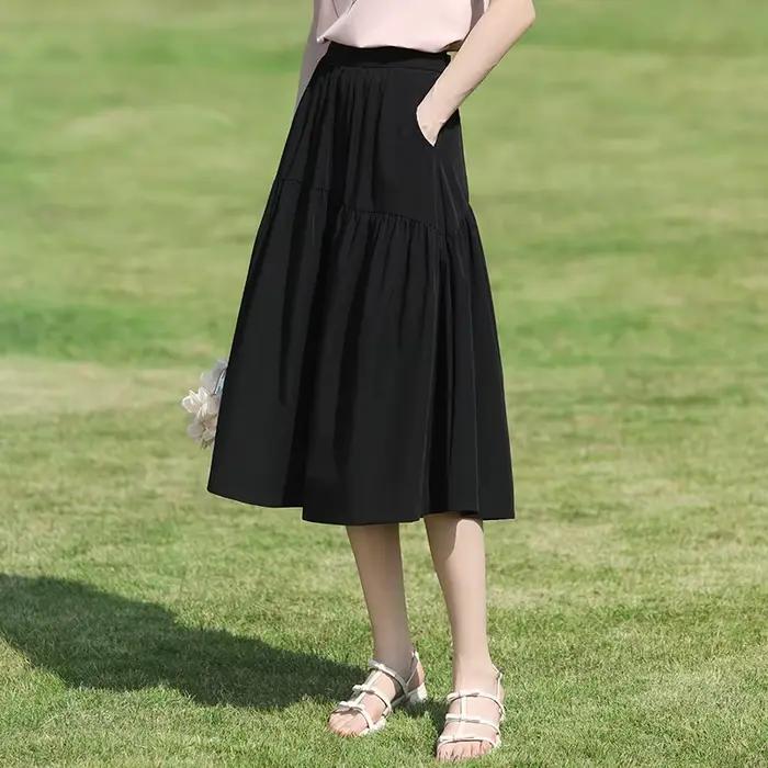 I BELIEVE YOU Jupe midi noire à volants pour femme, taille élastique, coupe éventail, décontractée,