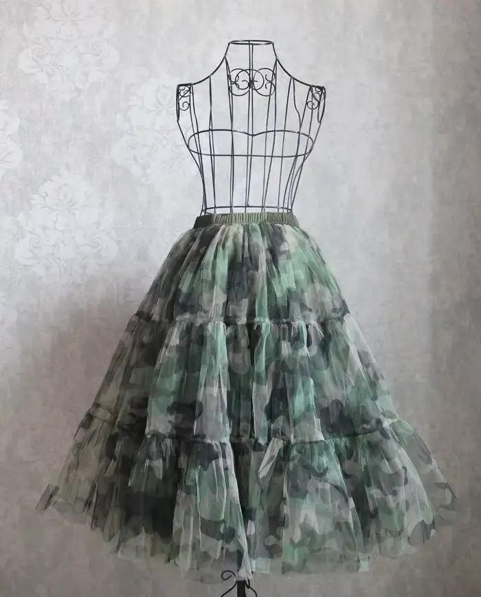 Jupe longue camouflage A-Line en tulle de style coréen, vert, ceinture élastique, multicouche, longu