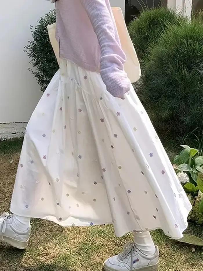 Élégant doux Floral jupes longues femmes taille haute jupe ample français Vintage décontracté Style