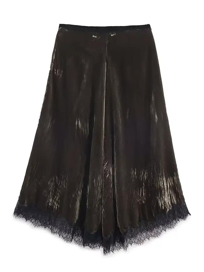 HH femmes élégant plissé décoration dentelle jupe longue automne femme taille haute côté fermeture éclair décontracté