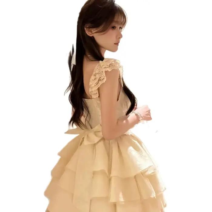 Jupe courte style princesse avec nœud papillon et manches bouffantes design taille haute amincissant robe trapèze fraîche et élégante été polyester pour femmes occasions spéciales
