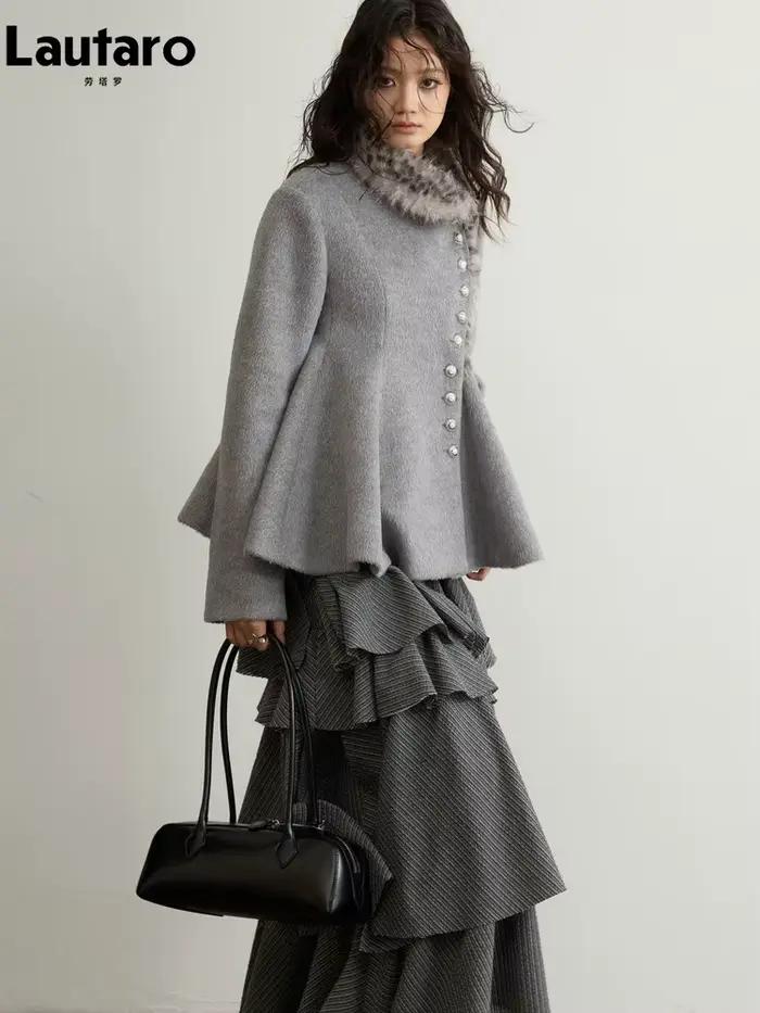 Jupe longue asymétrique à volants rayée grise Lautaro Printemps Automne pour femme – Élégante