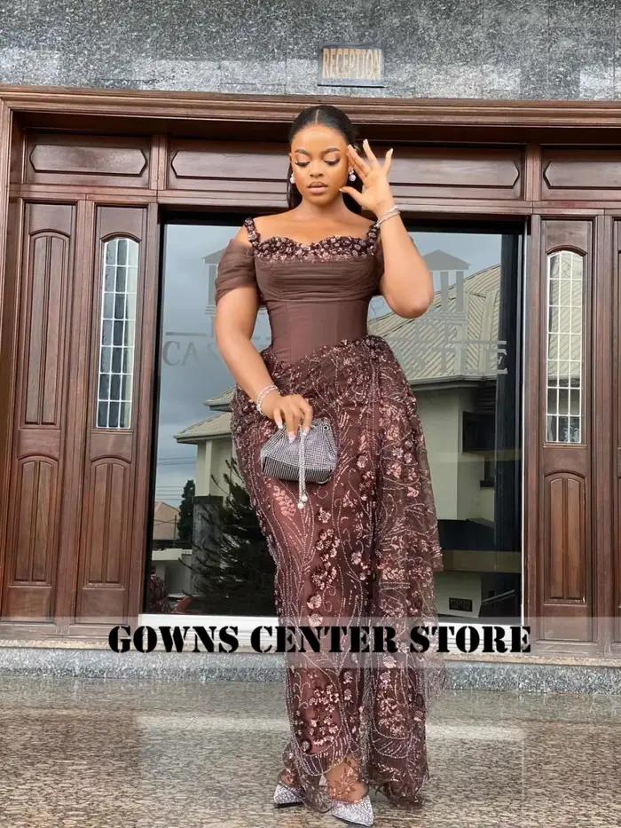Superbes robes de soirée en dentelle marron, robe de mariée traditionnelle africaine, robe de luxe en dentelle perlée pour anniversaire, Asoebi personnalisée