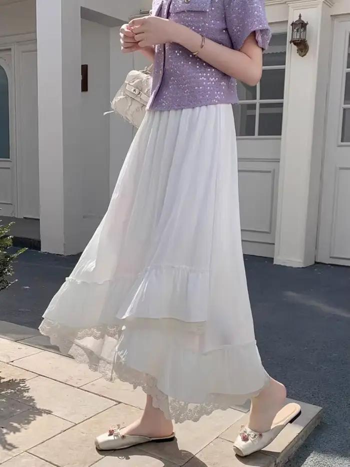 Jupe trapèze en dentelle rose élégante pour femmes, romantique et décontractée, idéale pour l'été et les occasions spéciales