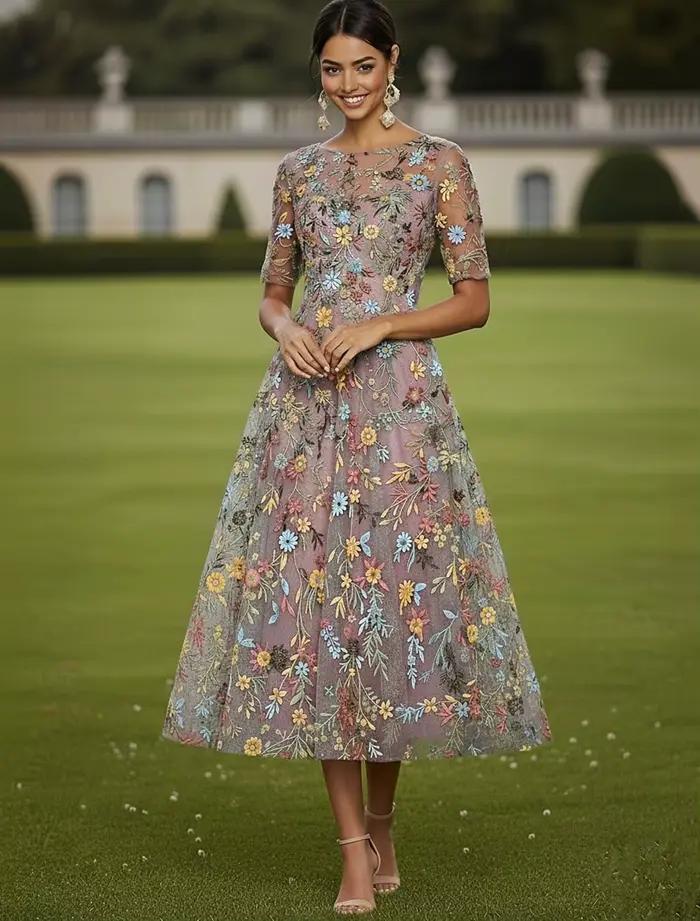 Robe de cocktail rose personnalisée pour invitée de mariage, manches mi-longues, col rond, élégante, décontractée, formelle, en tulle avec broderies et appliques