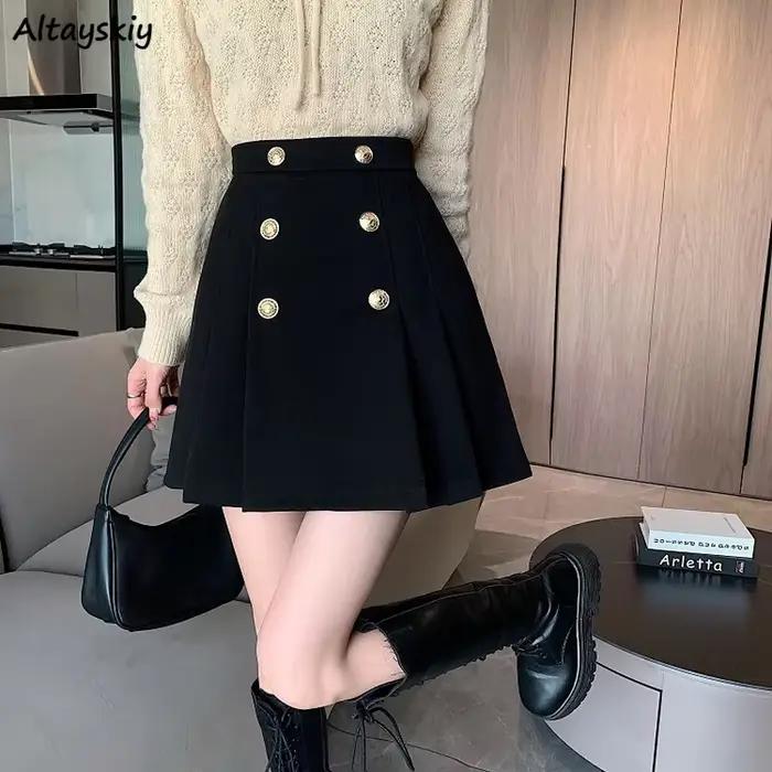 Jupes plissées femmes bouton loisirs concepteur couleurs pures élégant Harajuku Style coréen Faldas BF Vintage tout-match automne hiver