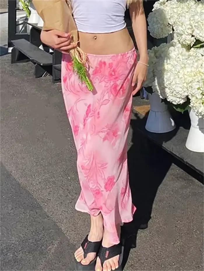 Jupe longue à fleurs taille basse en mousseline de soie hirigin pour femmes, style vintage, été et automne, facile à entretenir, adaptable à toutes les occasions ```