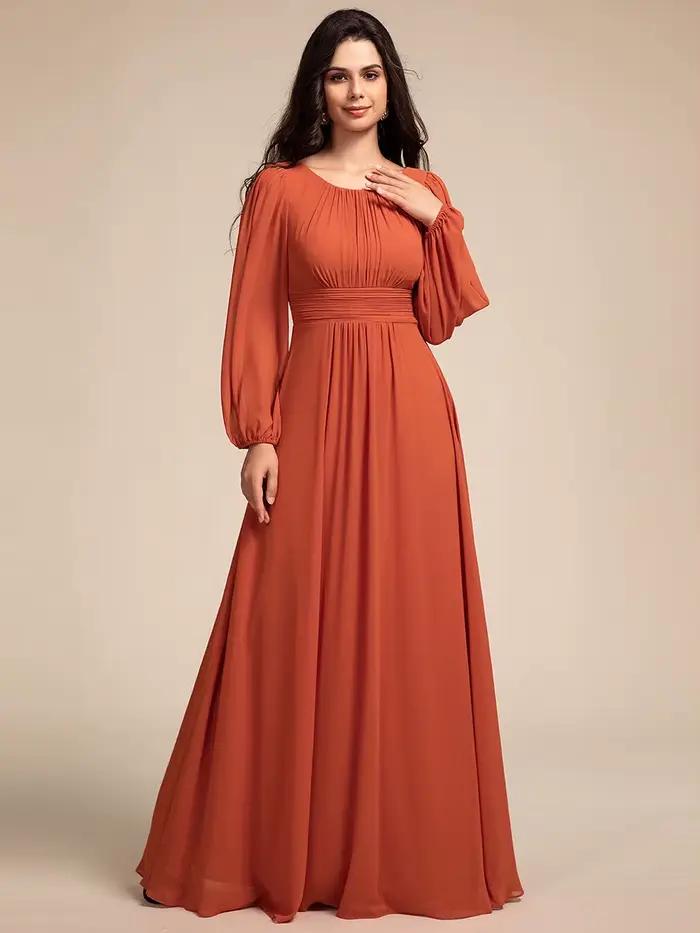 Robes de soirée élégantes, longues, à manches longues, col rond, en mousseline de soie, longueur au sol, Ever Pretty, couleur orange brûlé, robe de bal pour femmes