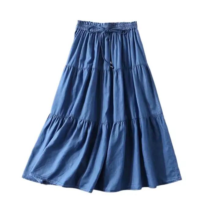 Jupe longue taille haute à volants en denim pour femmes