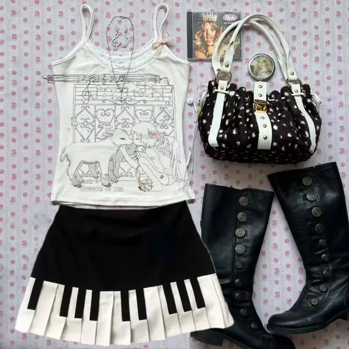 Vintage Y2k noir blanc Piano jupe femmes Design Hepburn été Harajuku Mini