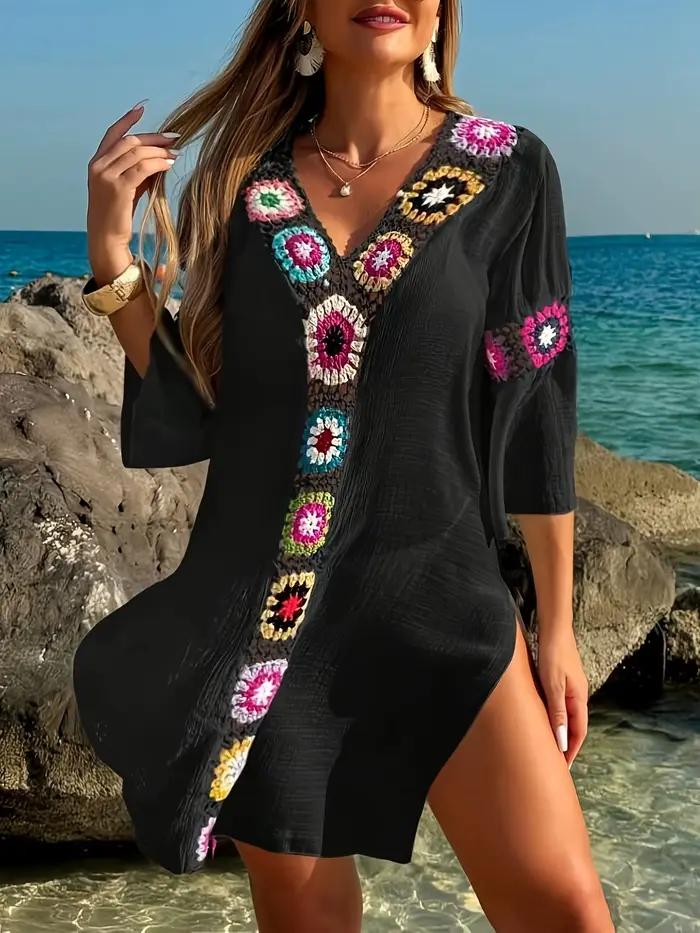 Robe tunique enveloppante MOXDO pour femmes : style plage et vacances, décontractée et tendance, col en V, tricotée, parfaite pour la plage