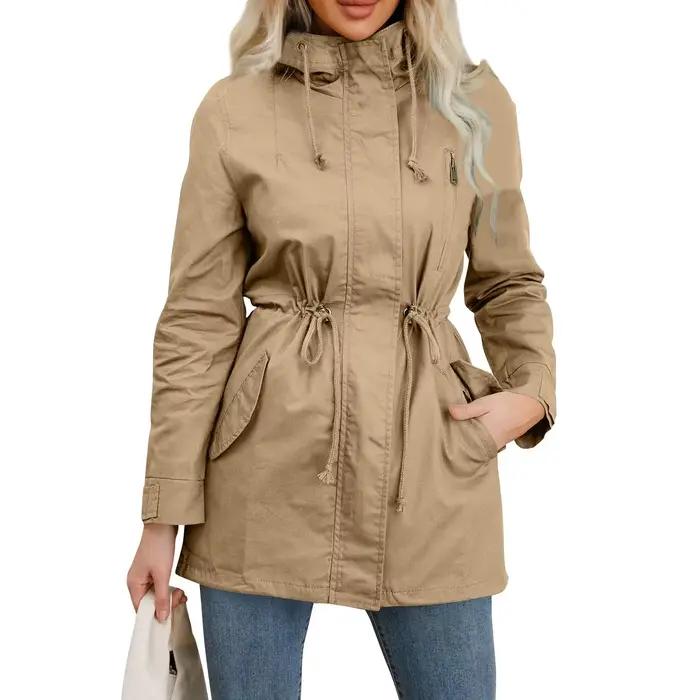 Trench-Coat à capuche pour femme, veste ajustée de couleur unie, pour le Camping quotidien en plein air et la randonnée, printemps-automne
