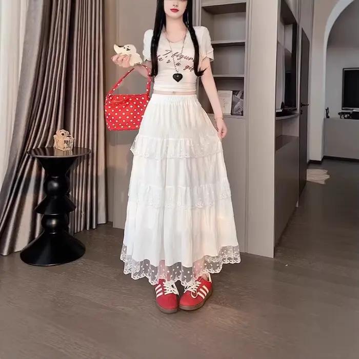 Jupe plissée mi-longue et longue en dentelle blanche pour femme